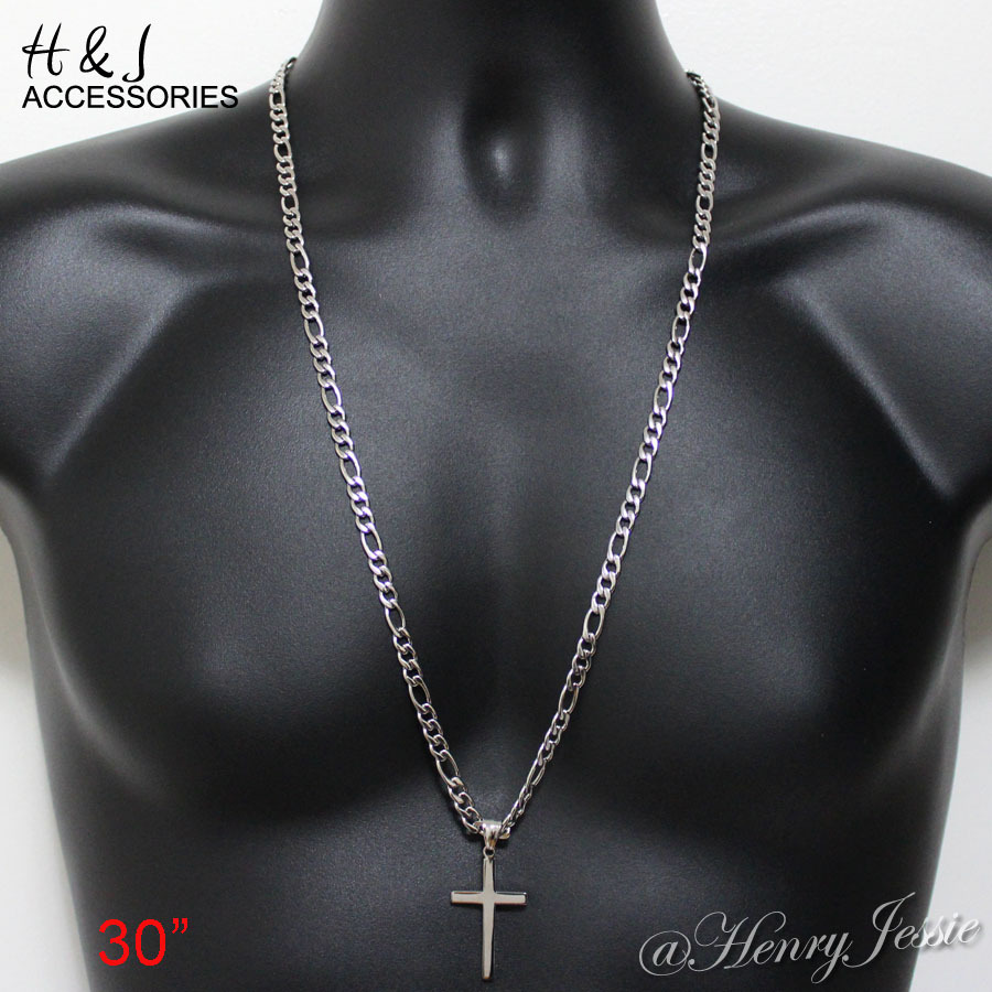18-36″MEN Stainless Steel 4mm Silver Figaro Link Chain Simple Cross Pendant*SP