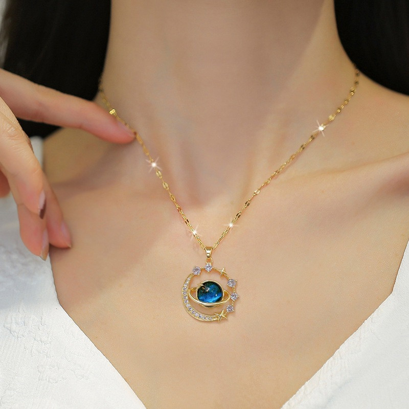 Night Sky Necklace Stainless Steel Moon&Stars Pave CZ Pendant Chain Necklace