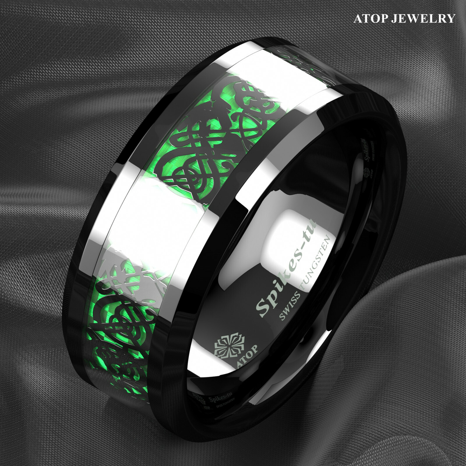 ATOP 8/6mm Men Black Green Tungsten Ring Wedding Band Celtic Dragon Carbon fiber