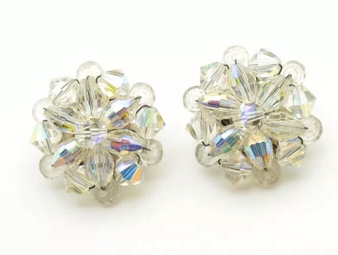 Vintage Unsigned Beaded Rhinestone Clip-On Earrings Wired Very Good!