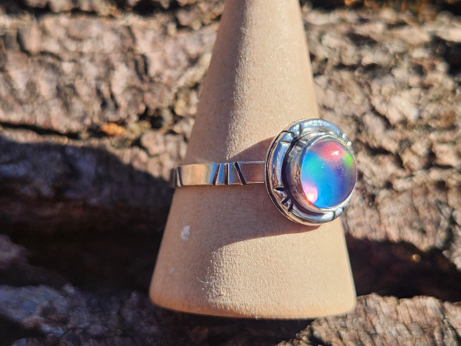 Aurora Opal Handmade Sterling Silver 925 Round Ring, Size 9 Pink Purple