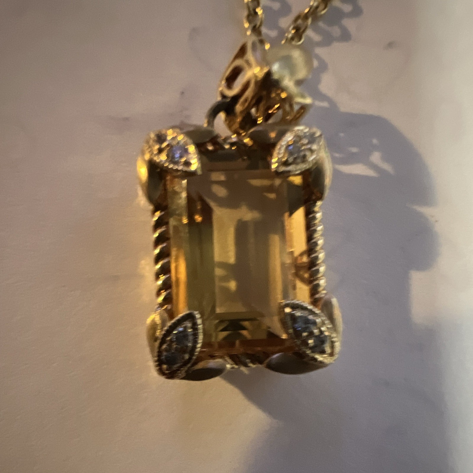 Gold Tone Metal Cable Chain Necklace Yellow Emerald-Cut Crystal Charm Pendant