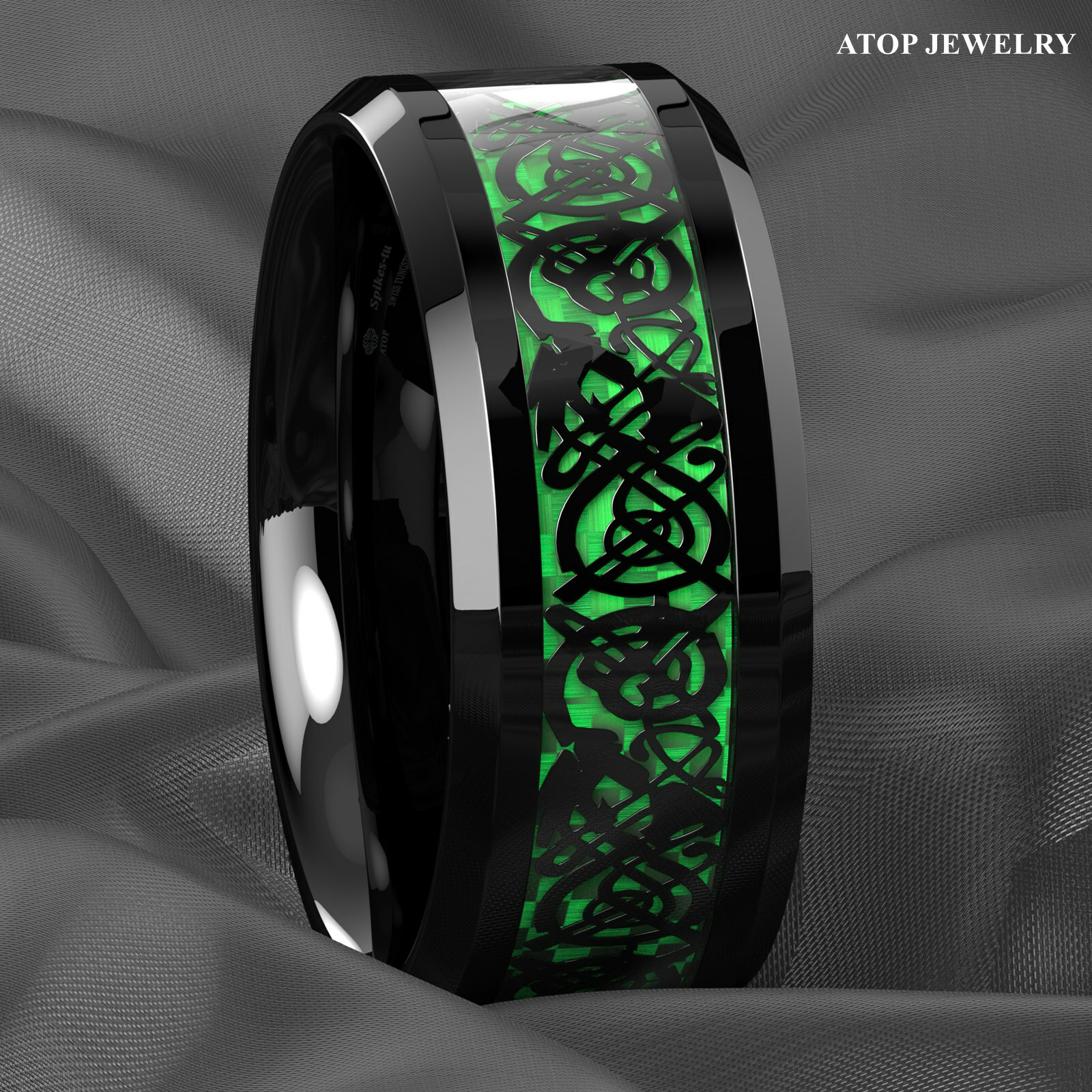 ATOP 8/6mm Men Black Green Tungsten Ring Wedding Band Celtic Dragon Carbon fiber