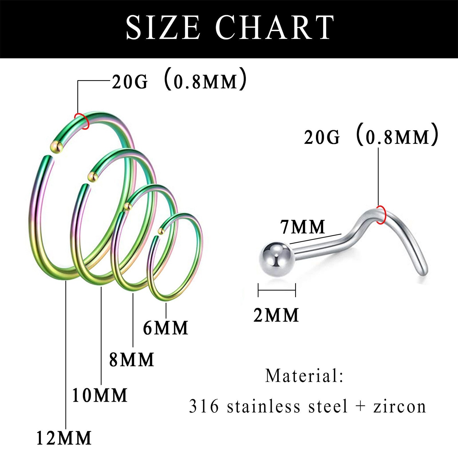 33-36PCS Stainless Steel CZ Nose Stud Nose Hoop Rings Stud Hoop Piercing Jewelry