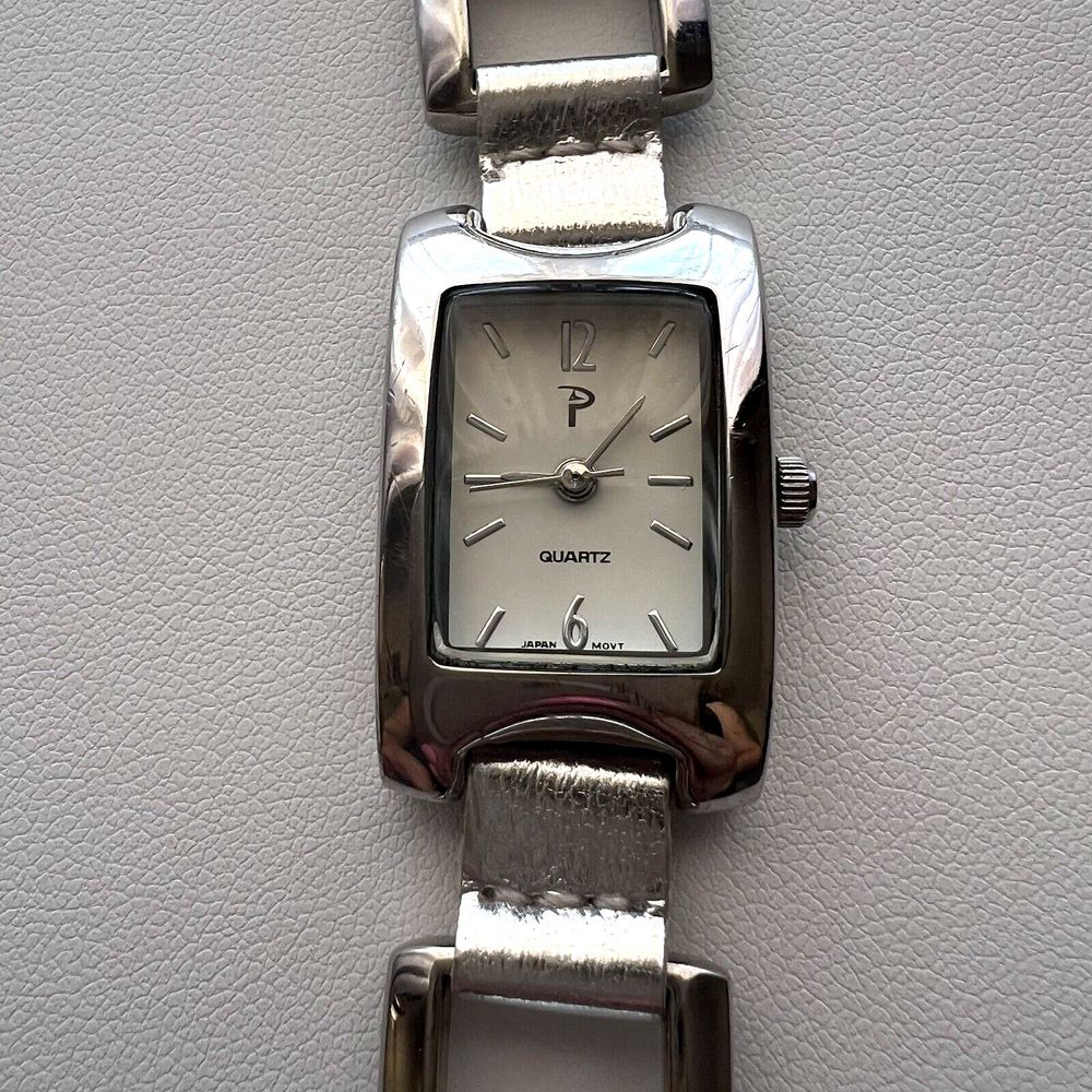 Vintage “P” Women’s Watch Silver Tone New Battery Rectangle Face White 8 in.