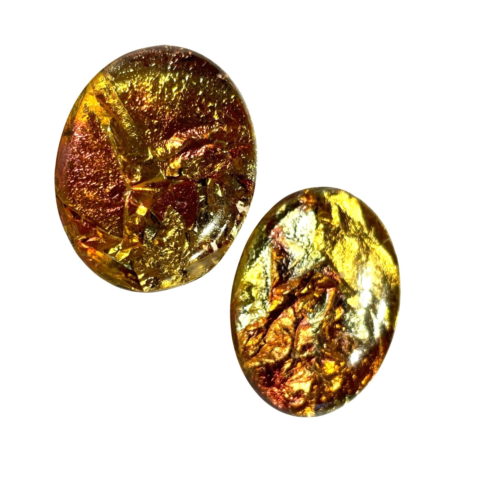 Foil backed Lucite scatter pins (2) oval shape brooches pair gold pink copper