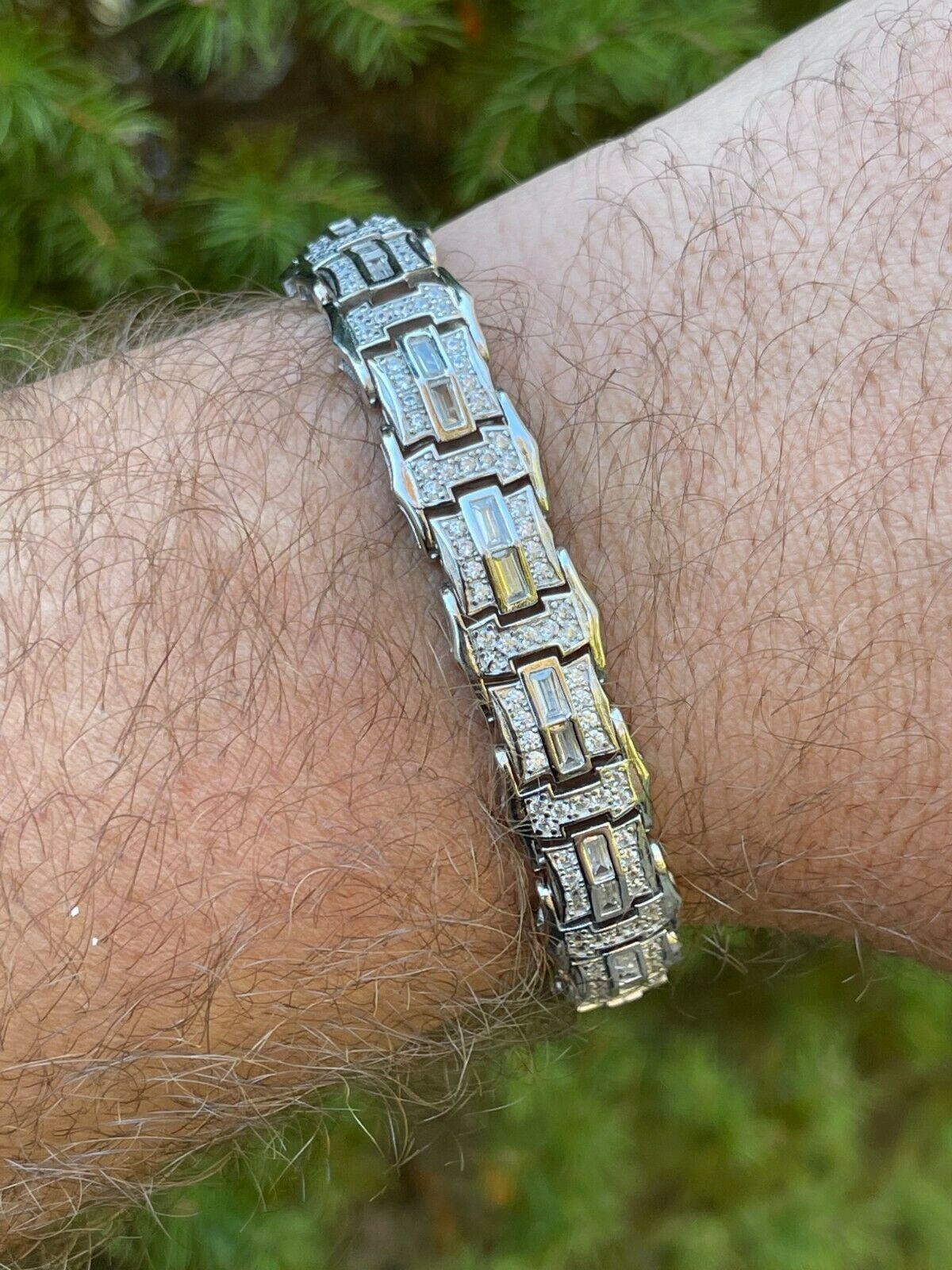 Men’s Real 925 Sterling Silver Iced Baguette Hip Hop Bust Down CZ Bracelet