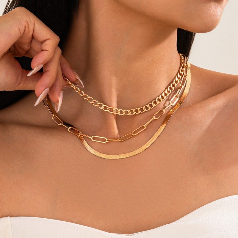 3PCS Women’s Retro Multi-layer Golden Snake Bone Stainless Steel Chain Necklace