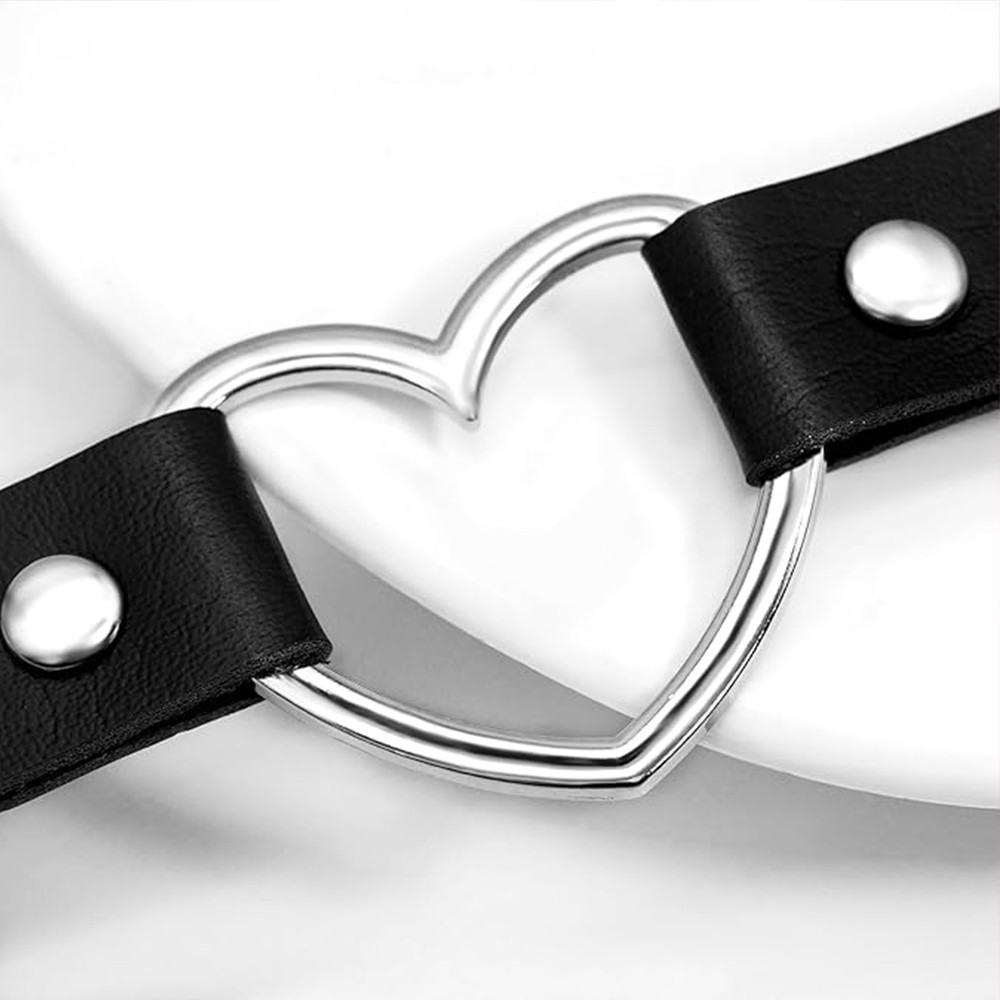 Leather Heart Choker Collar Punk Goth Adjustable Rivet Necklace Love O-Ring