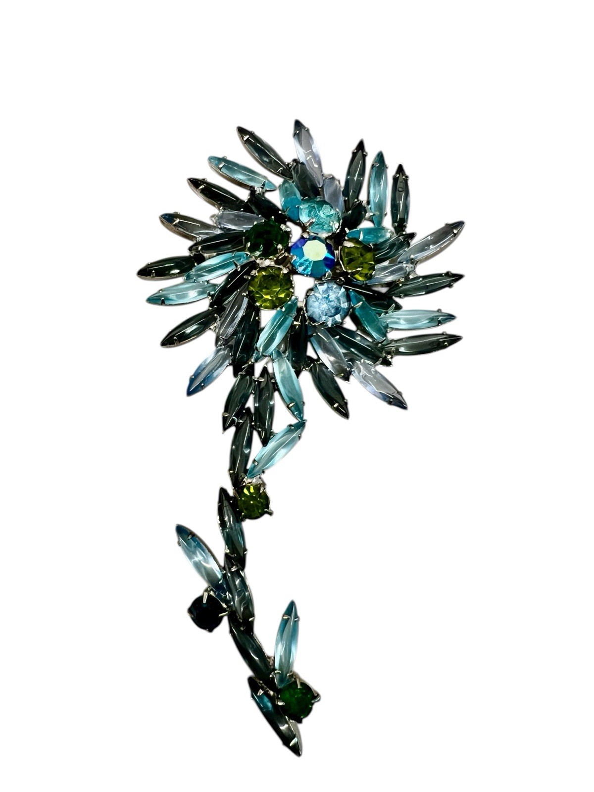 Vintage SCHREINER Unsigned Flower Blue Navettes Rhinestone Brooch & Earrings