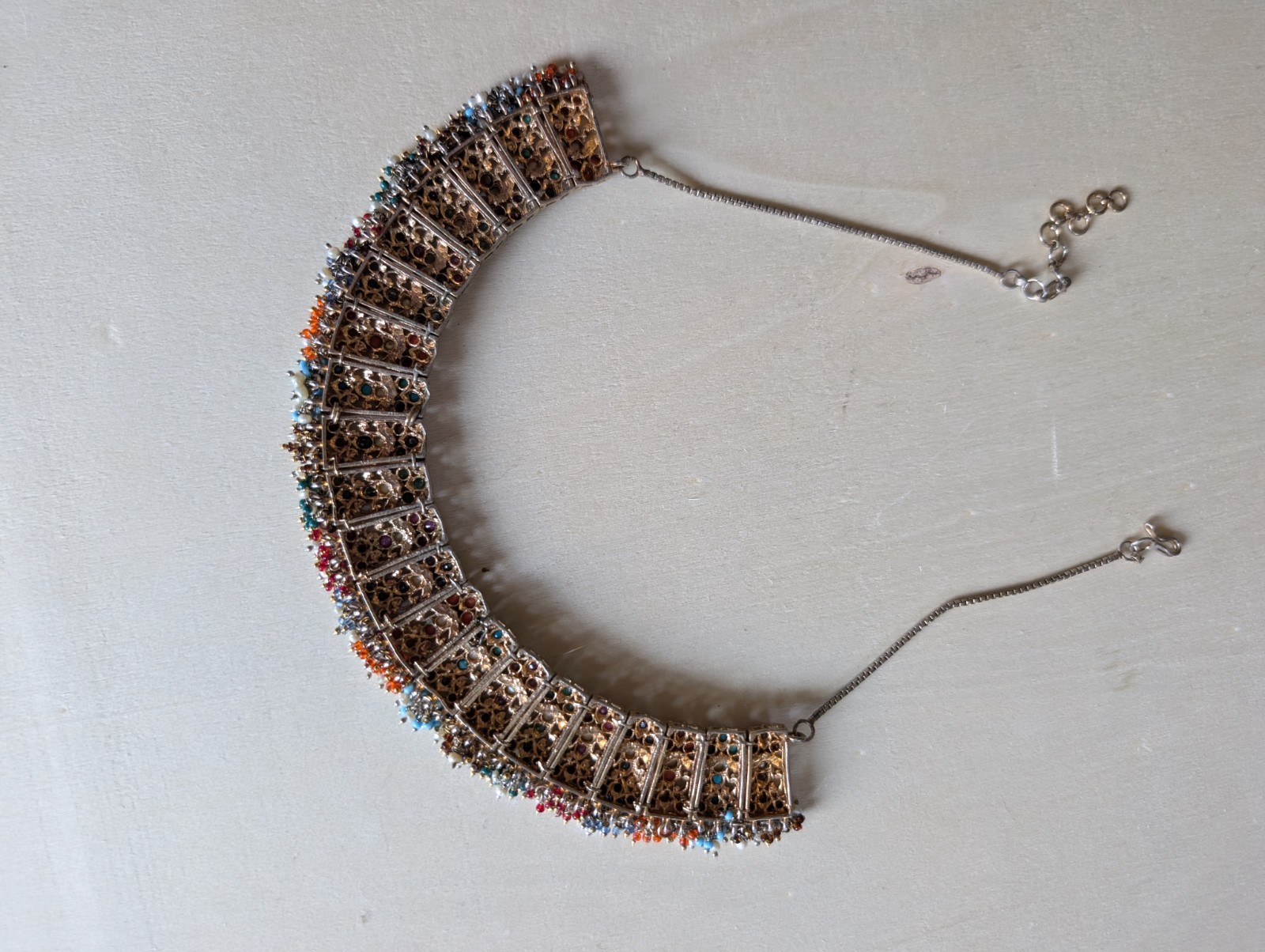 Multicolor Semiprecious Bib Collar Necklace Snake Chain Hook Clasp