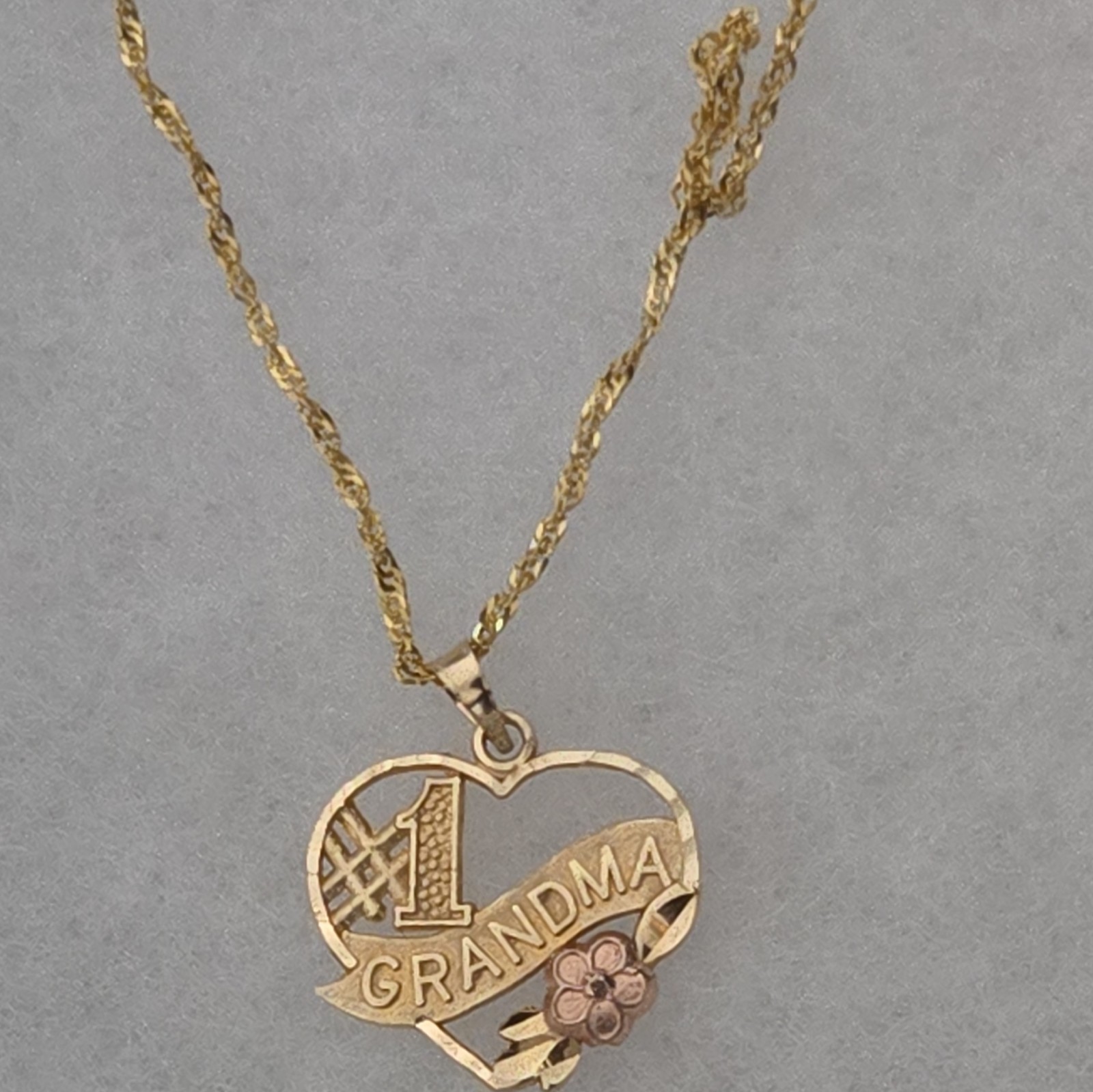 14K Yellow Gold #1 Grandma Heart Pendant, 14K Rope Chain Necklace Signed, 2g.