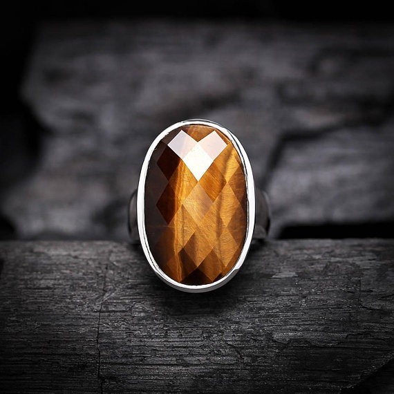 Solid 925 Sterling Silver Natural Brown Tiger’s Eye Gemstone Men’s Unisex Ring