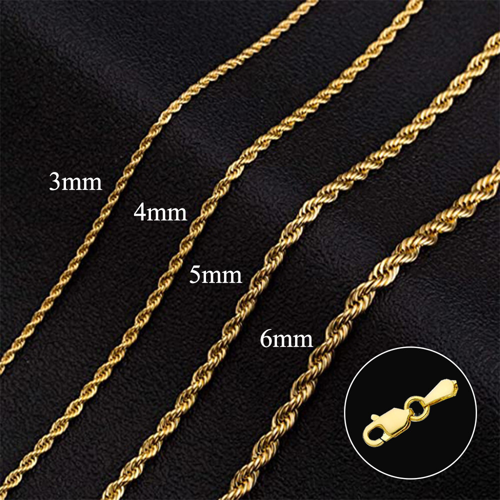 14K Solid Yellow Gold 1.55-6.05mm Rope Chain Necklace with Lobster Claw Clasp