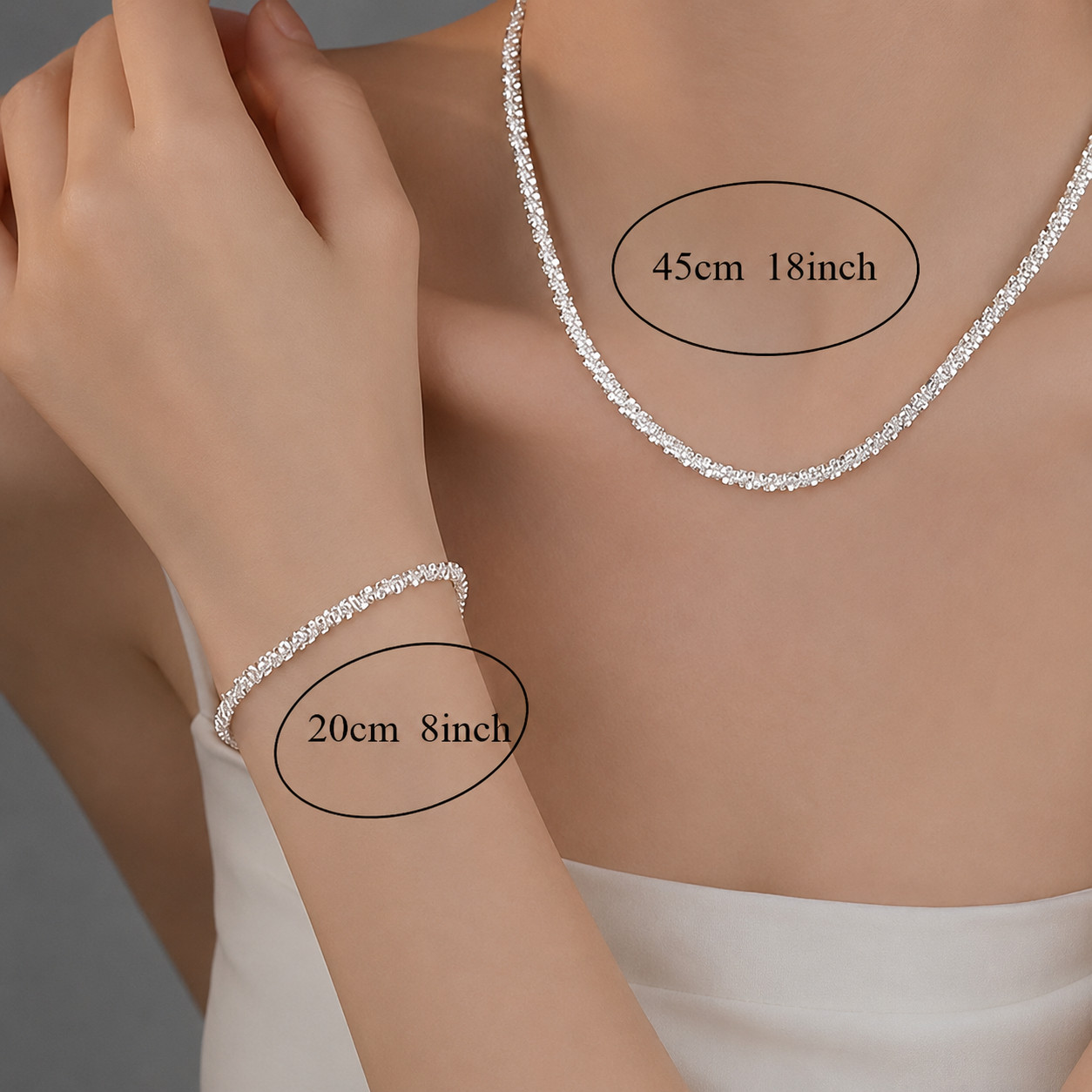 2PCS 925 Sterling Silver Chain Necklace Bracelet Jewelry Set for Women Men