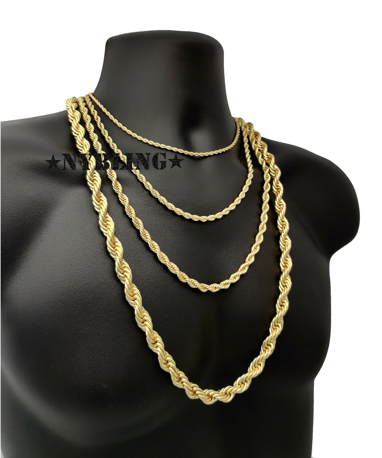 Rope Chain Necklace 3MM to 10MM, 16″ to 30″ Mens Hip Hop Gold Plated Jewelry