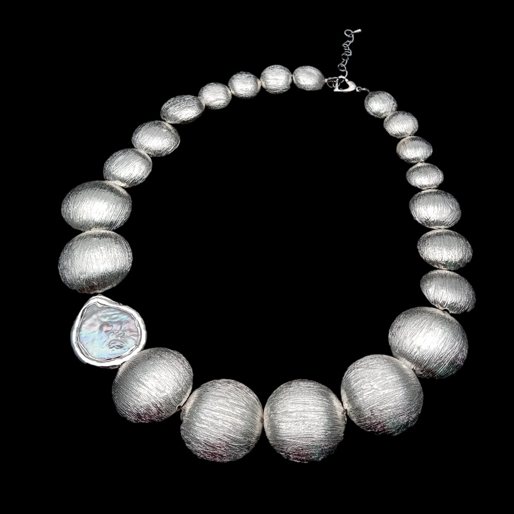 Freshwater White Coin Pearl Silver Color Brushed Coin Bead Graduated Necklace
