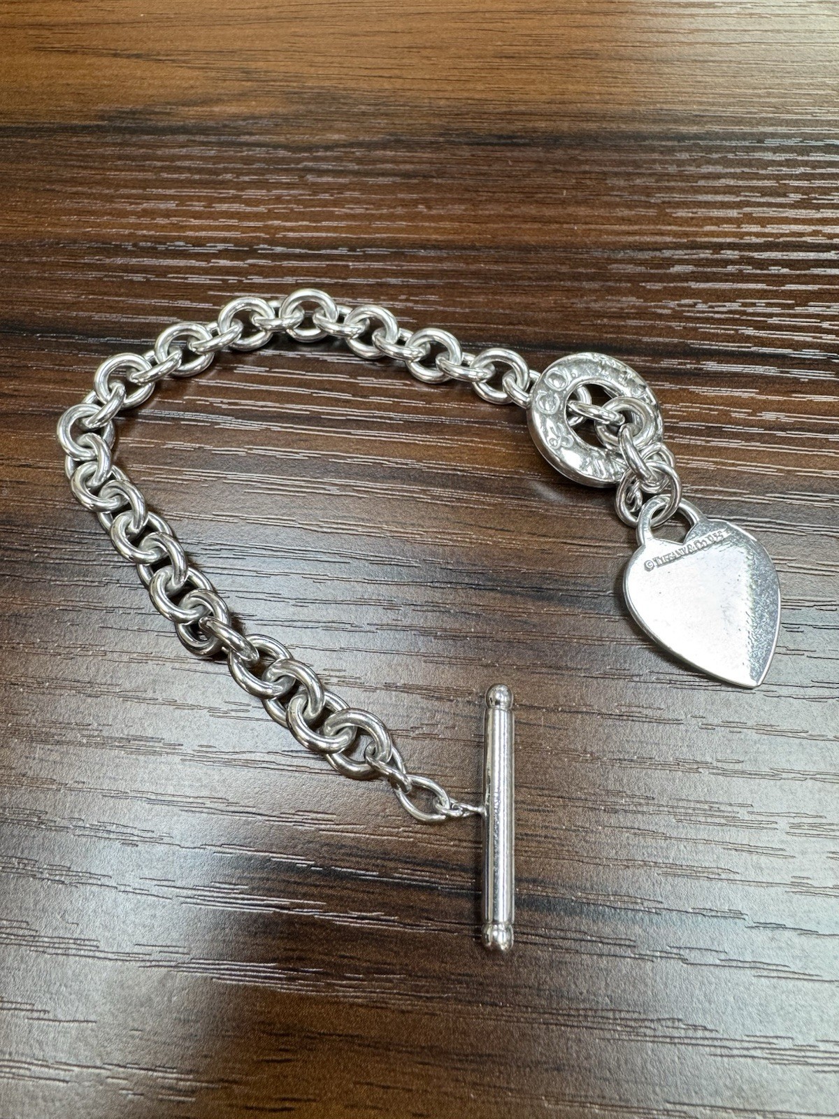 Tiffany & Co. 925 Sterling Silver Heart Dangle Charm Toggle Bracelet