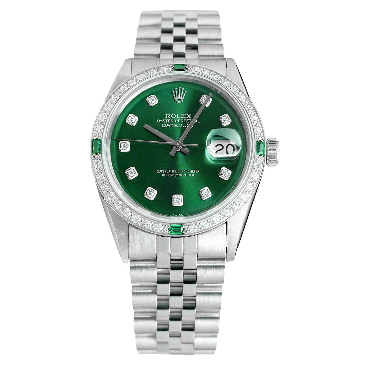 Rolex Datejust 1603 36mm Green Dial 18K White Gold Diamond Emerald Watch