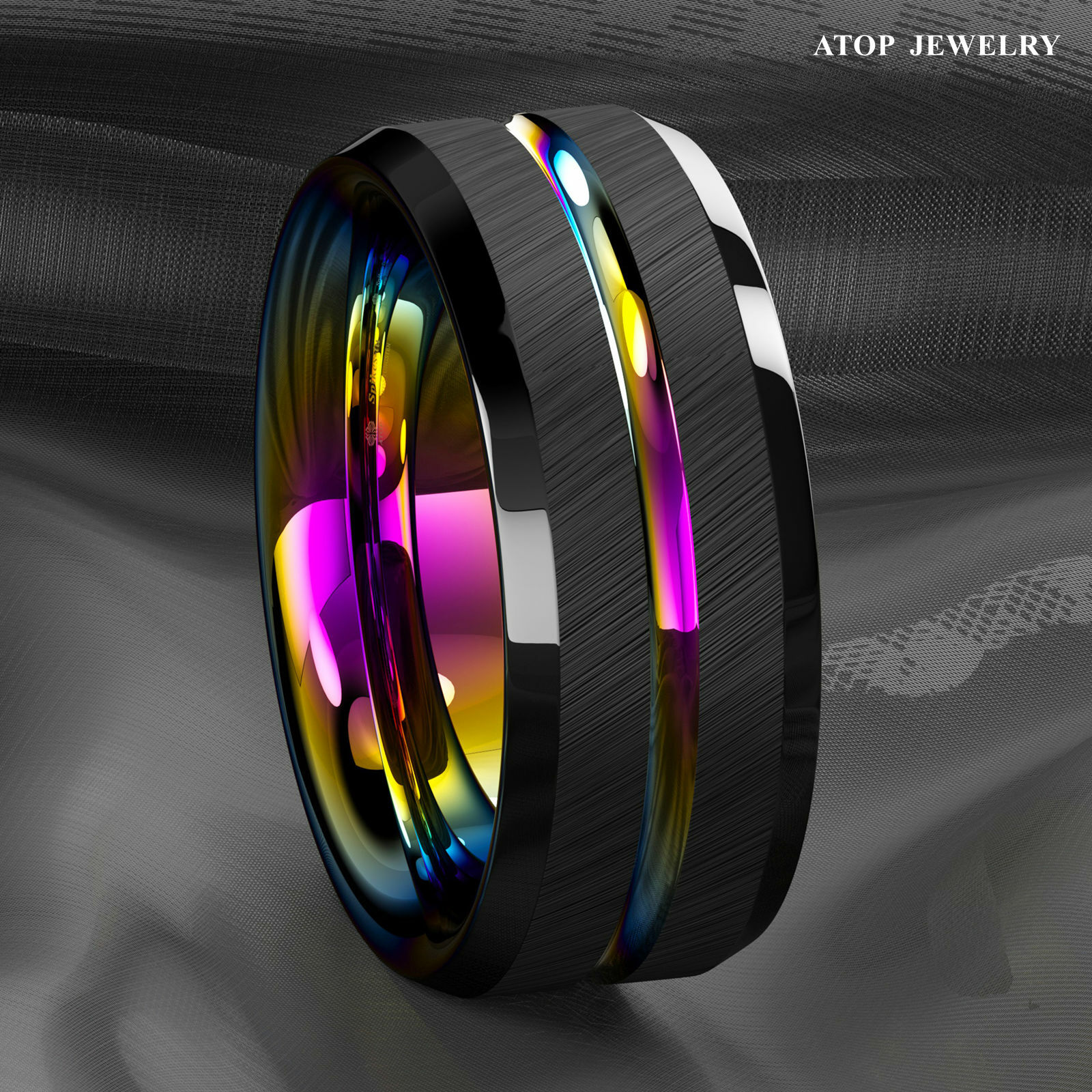 8/6mm Black Brushed Tungsten Carbide Ring Rainbow Line Wedding Band ATOP Jewelry