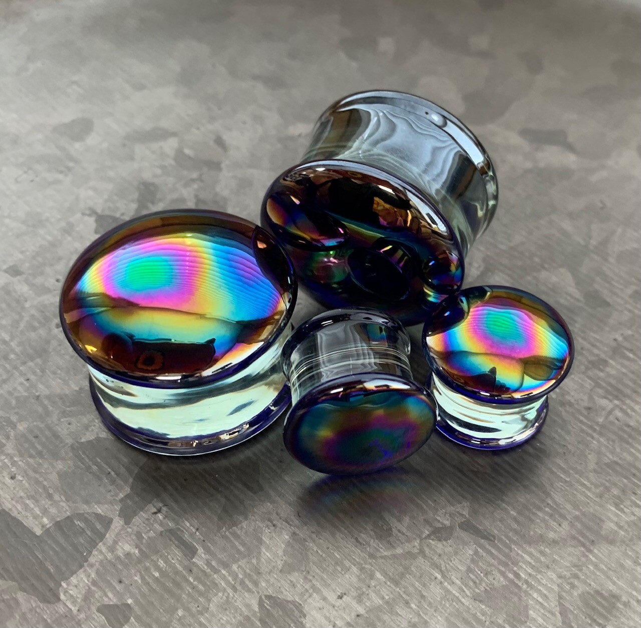 PAIR Oil Slick Design Pyrex Glass Double Flare Plugs Gauges Body Jewelry