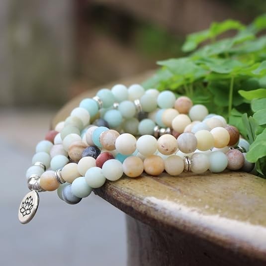 8mm 108 Mala Beads Bracelet Necklace Lotus Charm Amazonite Gemstone Yoga Jewelry