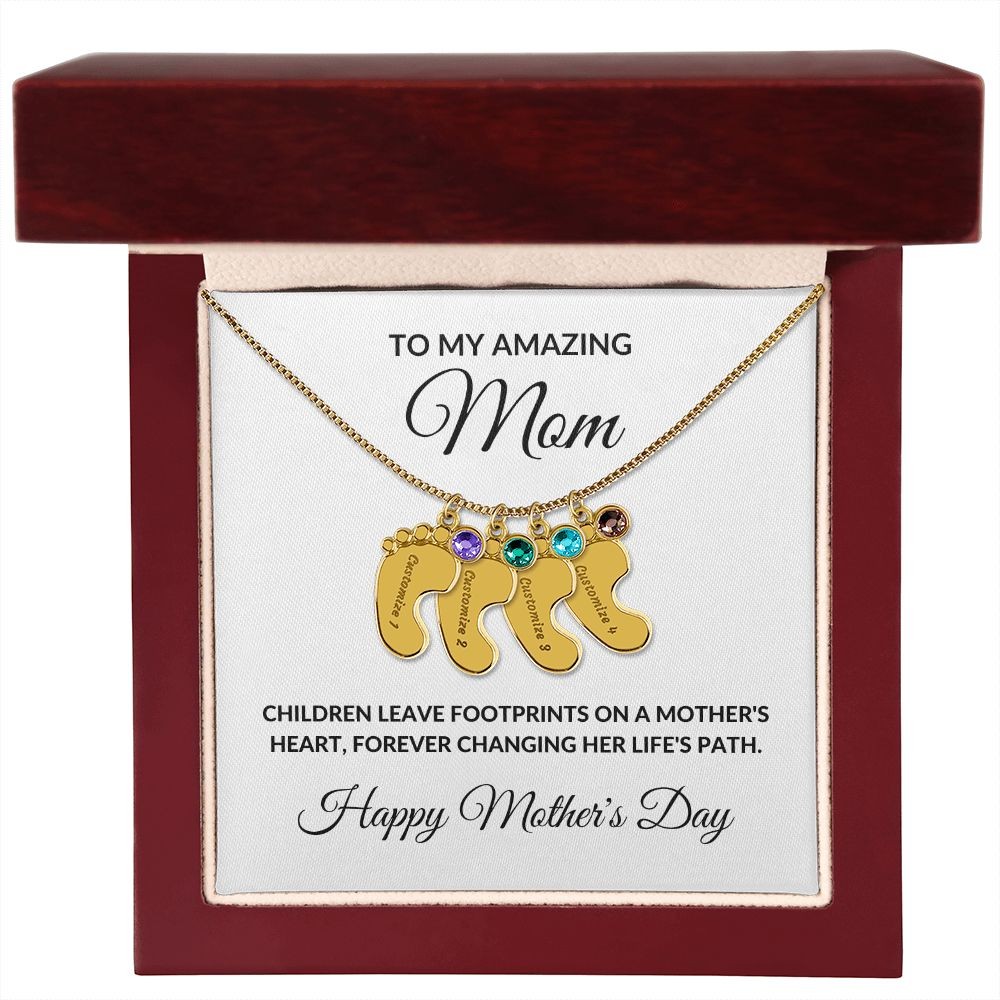Mother’s Day Personalized Engraved Birthstone Necklace Baby Feet Gift for Mom