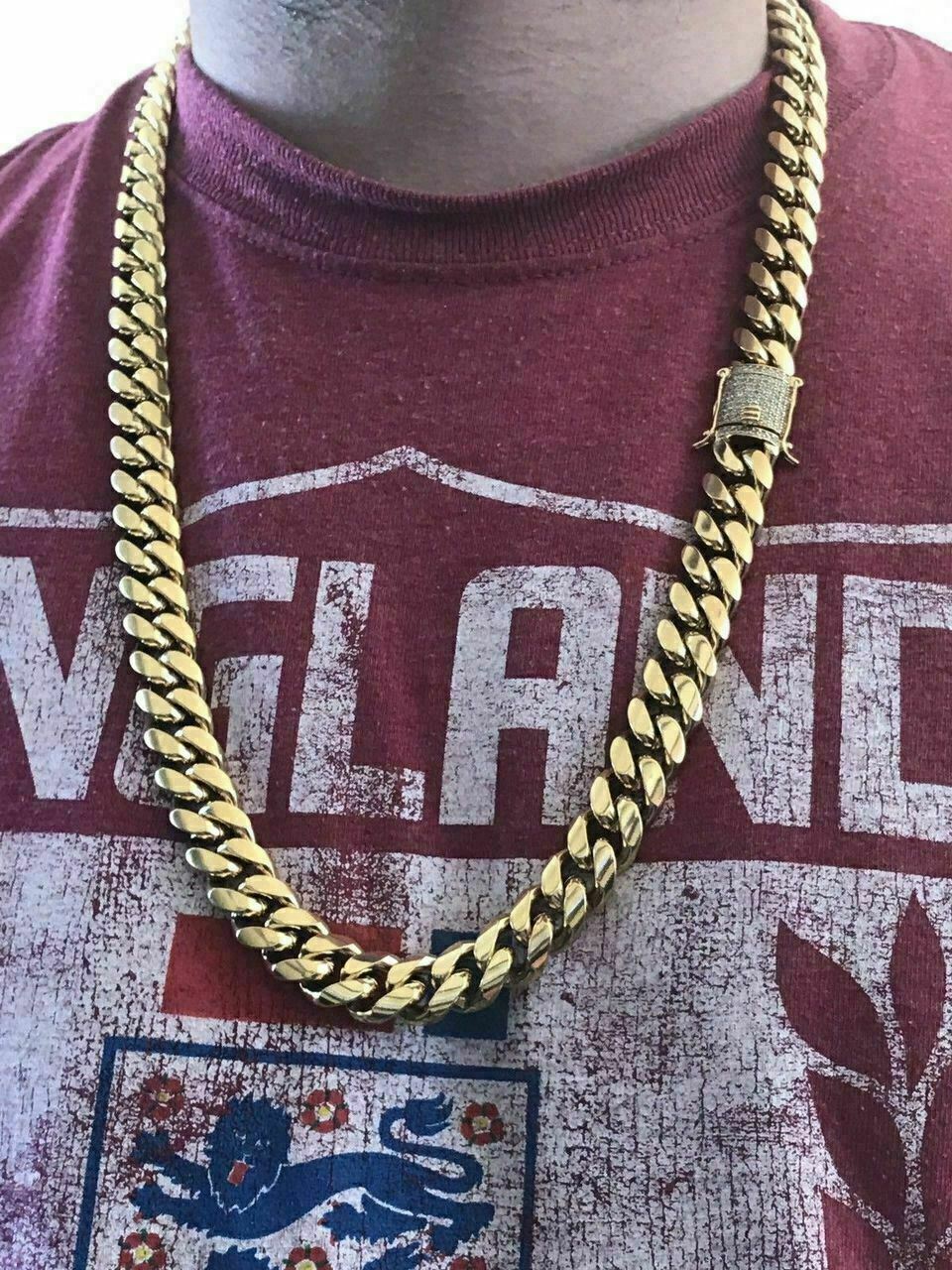 Miami Cuban Link Chain 18k Gold Plated Stainless Steel 14mm CZ Clasp Big Hip Hop