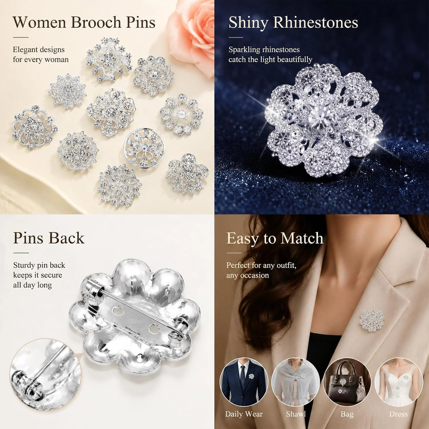 12 Pieces Sliver Crystal Wedding Bouquet Brooches for Women, Rhinestone Flower B