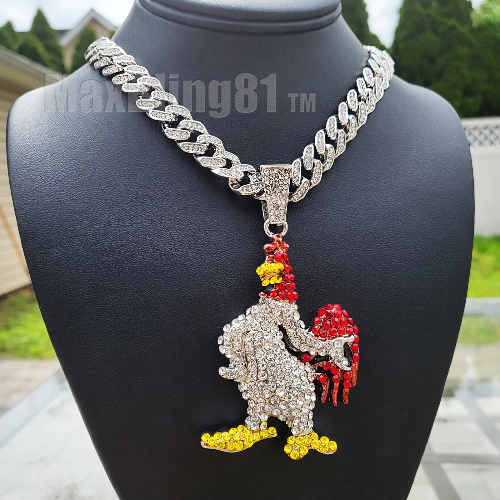 Large Silver Chicken Pendant 16″ 18″ 20″ 24″ Iced Cuban Box Lock Chain Necklace