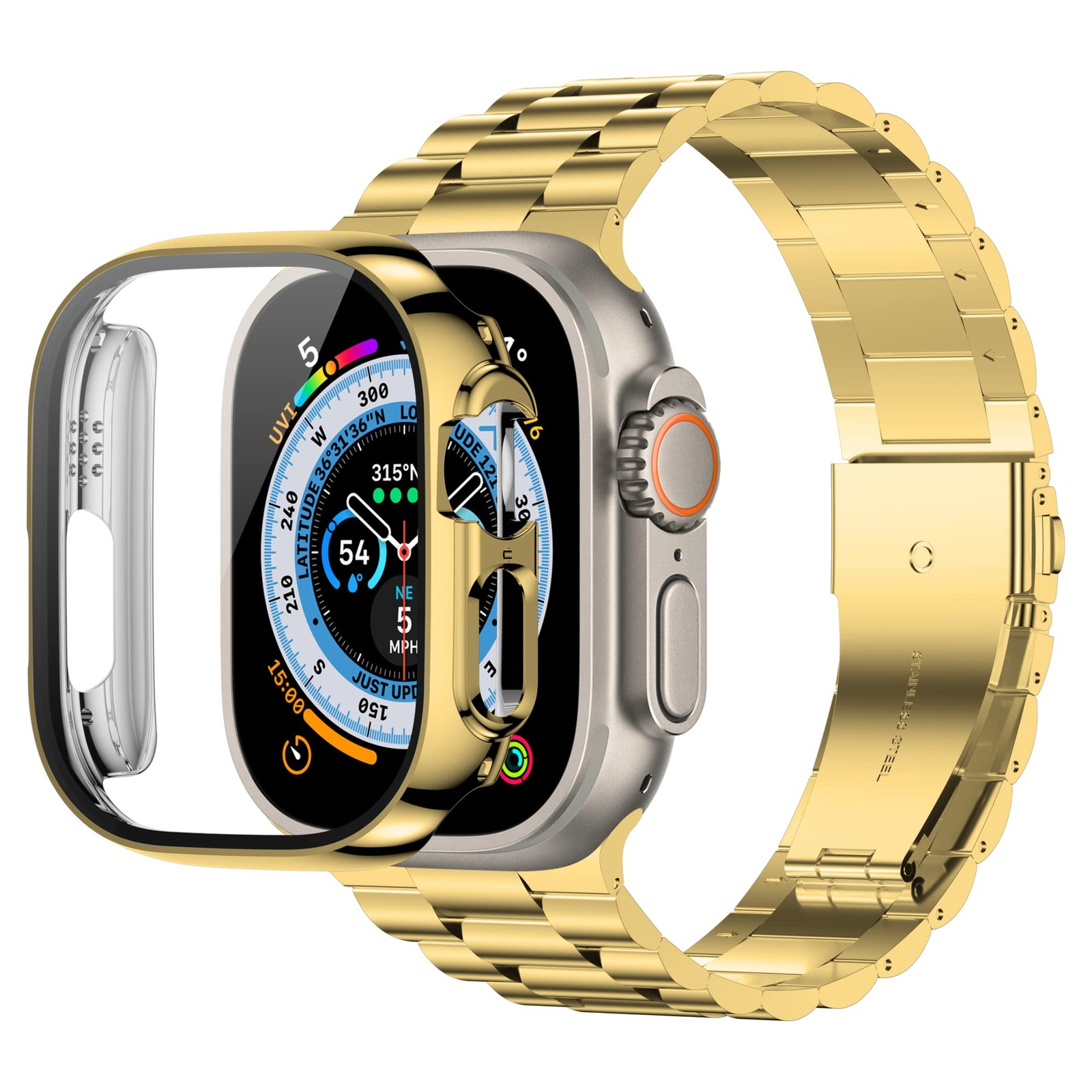 Watch Band 49mm with Case, Stainless Steel & Tempered Glass Protector | Full
