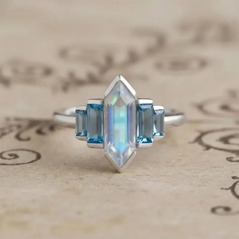 Rainbow Moonstone Blue Topaz Sterling Silver Ring | Art Deco Statement Jewelry