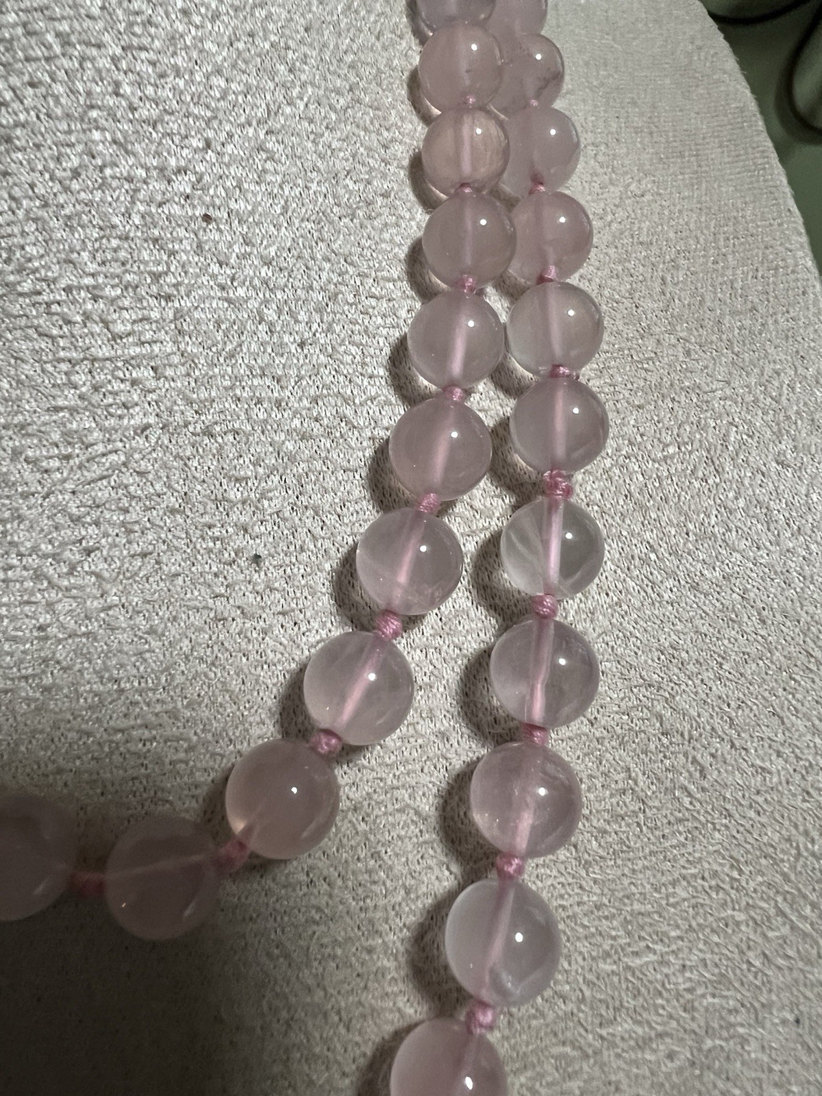 Vintage Rose Quartz Beaded Necklace 32” Hand Knotted Endless Opera Strand 66g