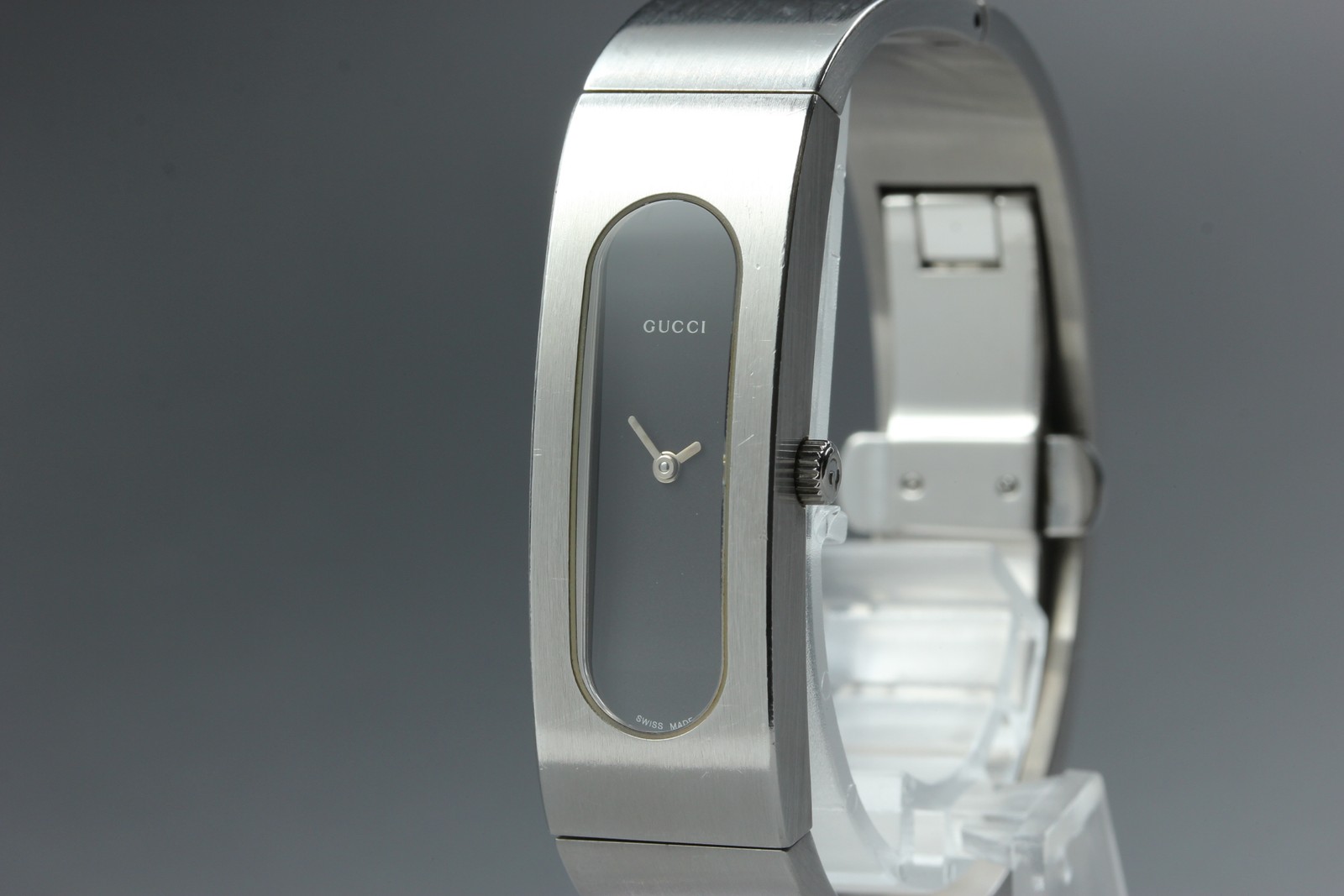 [Exc+5] GUCCI 2400S Bangle Watch Quartz Silver Stainless Steel Black Dial JAPAN