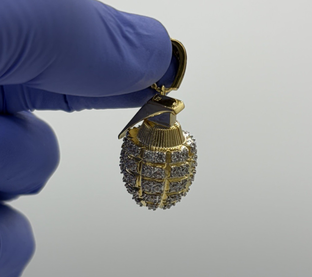 925 Sterling Silver Yellow Gold Tone CZ Hand Grenade Pendant Charm 1.5″ 11.44g