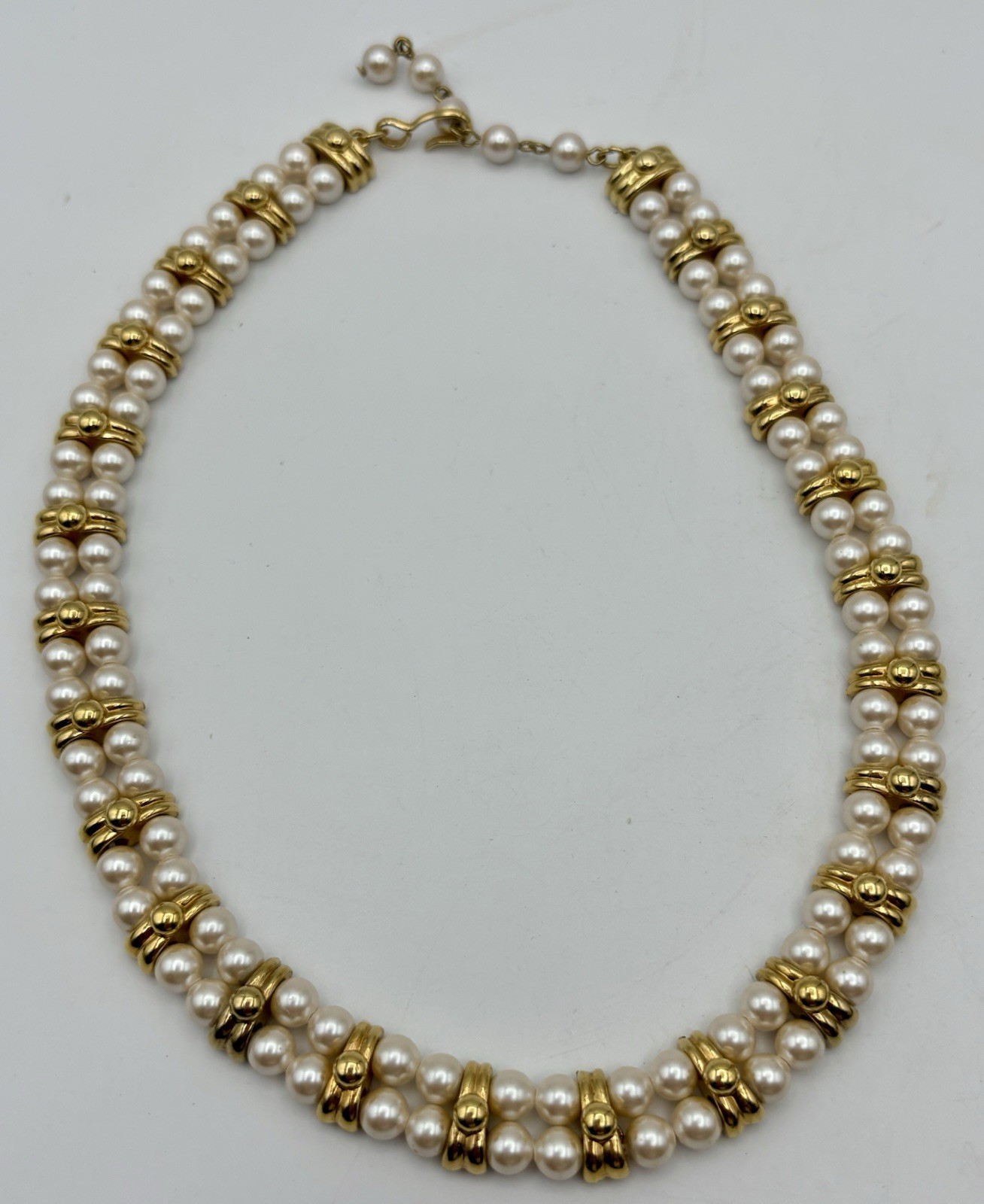 Monet Signed Double Strand Faux Pearl Gold Tone Choker Necklace Hook Clasp