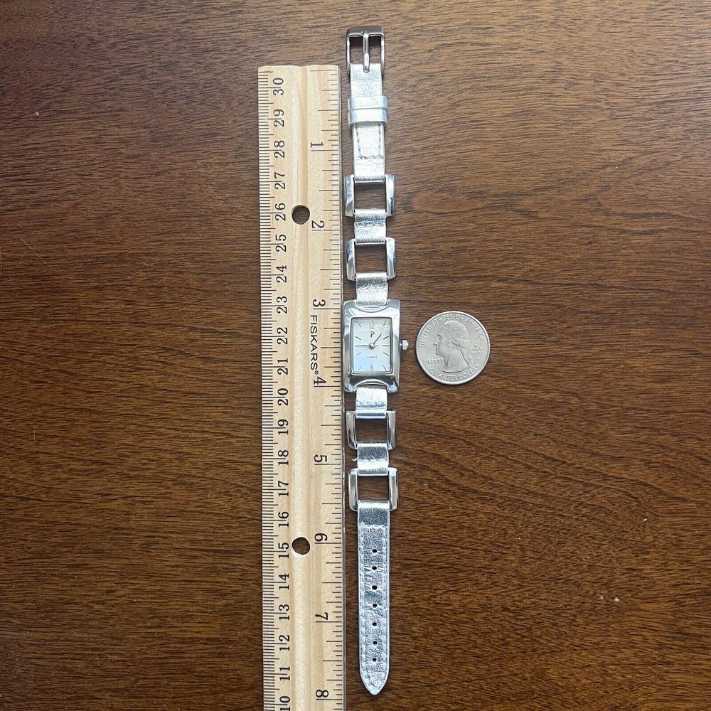 Vintage “P” Women’s Watch Silver Tone New Battery Rectangle Face White 8 in.