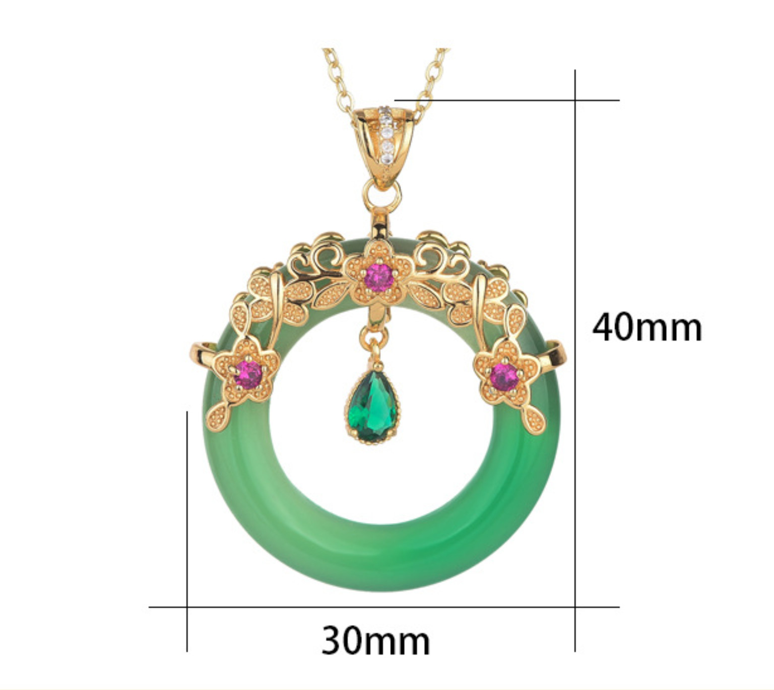Jade Crystal Pendant Necklace Charm 18K Gold Plated Donut Ring Dainty Gemstone