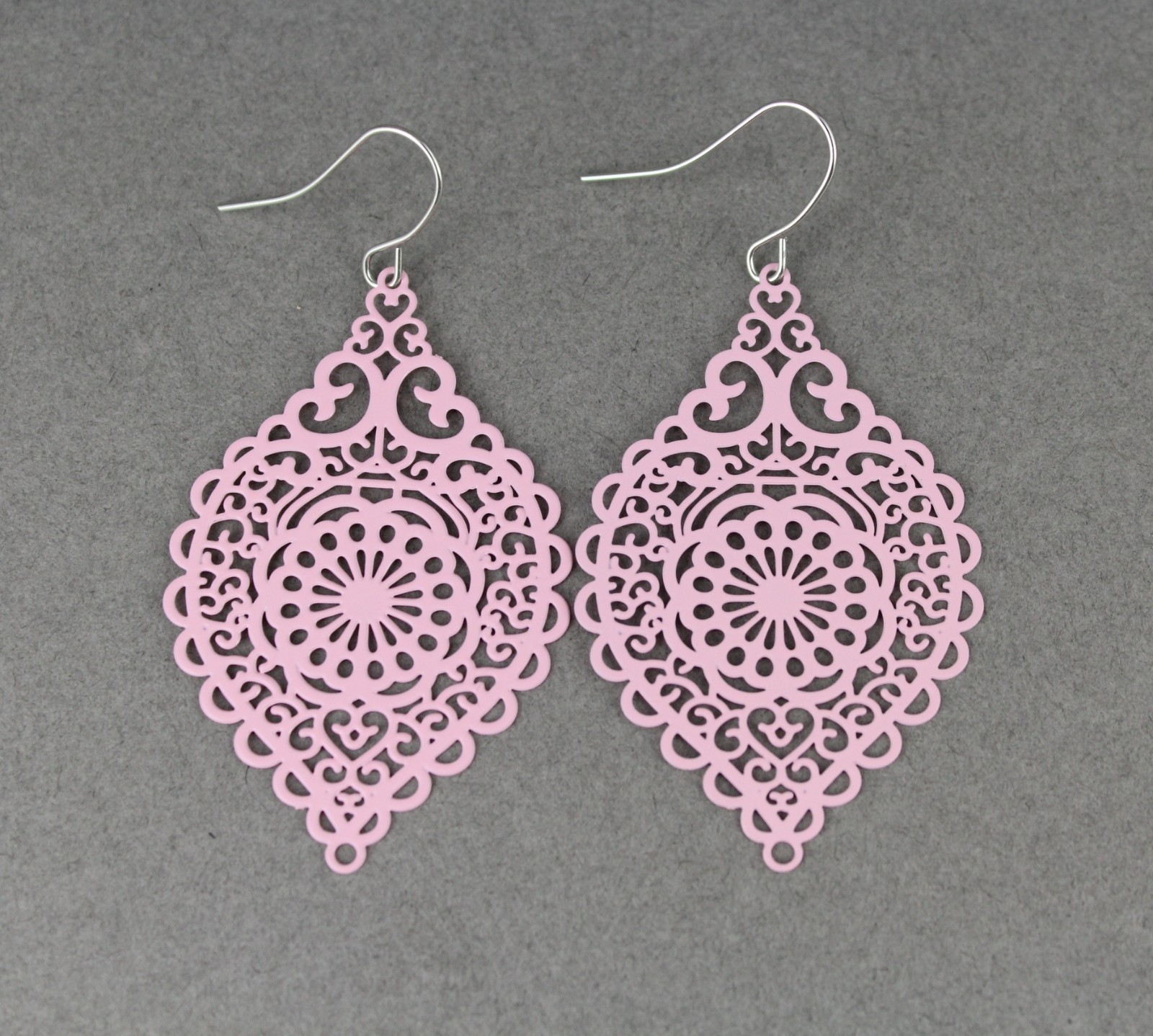 light Pink earrings teardrop dangle VERY lightweight filigree 2 3/8″ long floral