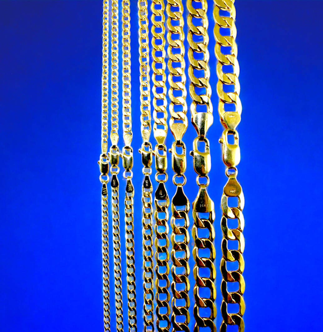 14K Yellow Gold 2mm-9mm Curb Cuban Necklace Bracelet Chain Men Women 7″-30″