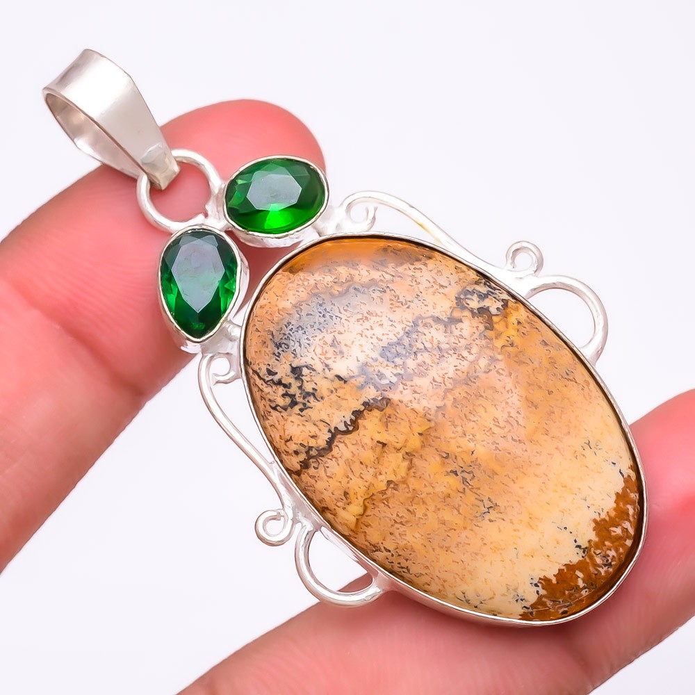 Natural Picture Jasper & Tsavorite 925 Silver Plated Jewelry Pendant 2.4″ W311