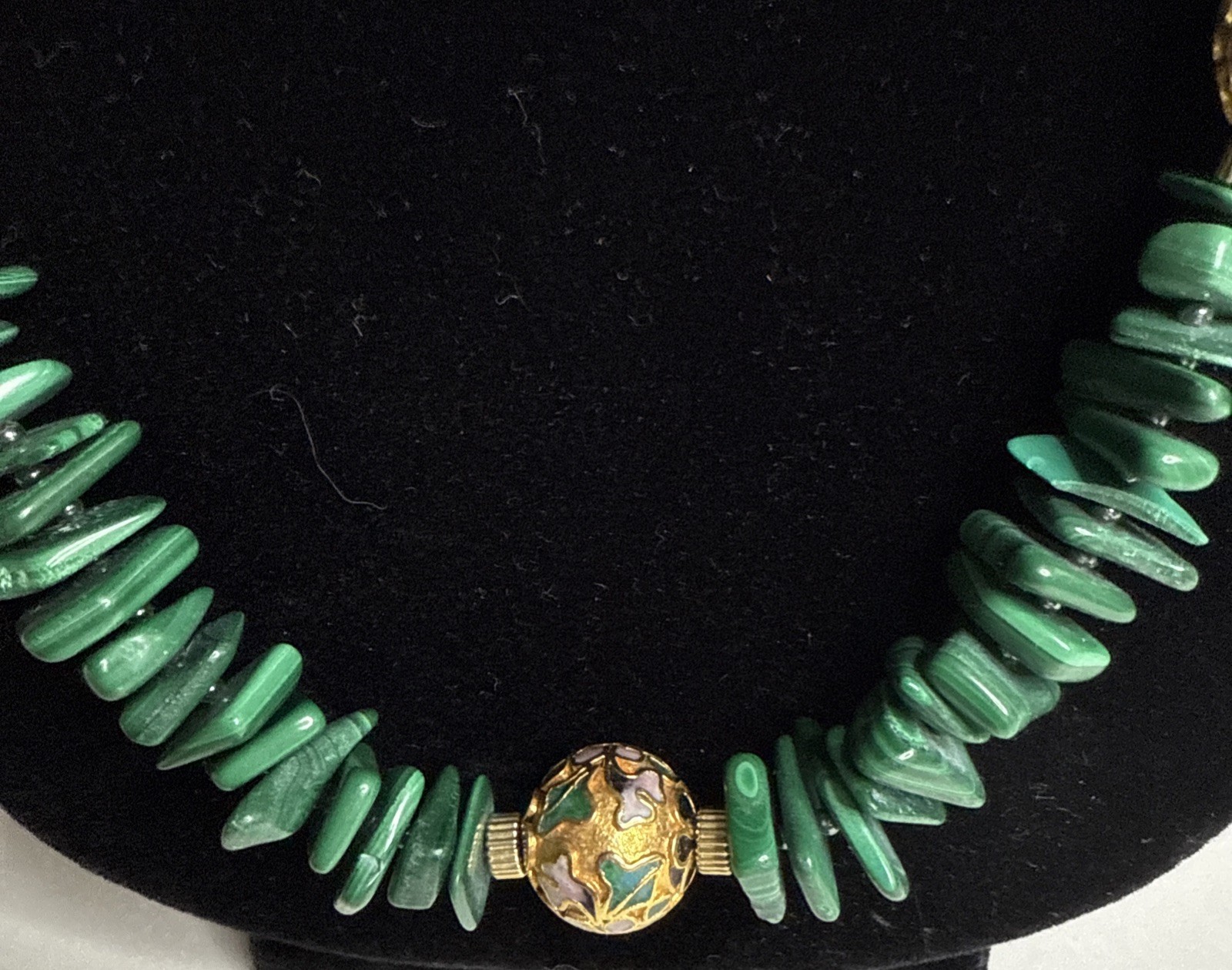 Vtg Malachite Necklace 1/20 14k GF Clasp With Cloisonné Beads, 30”