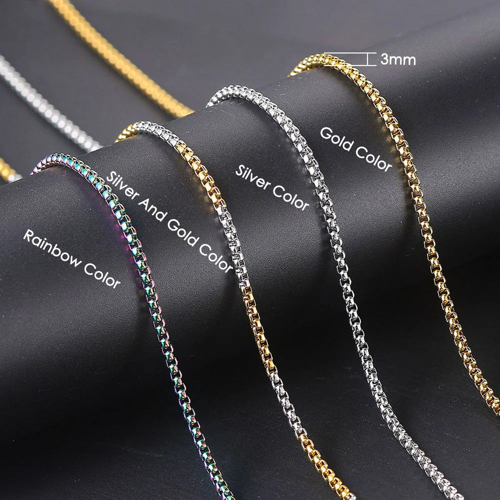 Hip Hop Necklaces For Men Women Gold Color Stainless Steel Necklace 3MM Square P