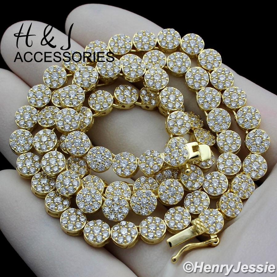 MEN 925 STERLING SILVER 18″-30″X5MM GOLD PLATED 1 ROW CZ CLUSTER NECKLACE*GN15