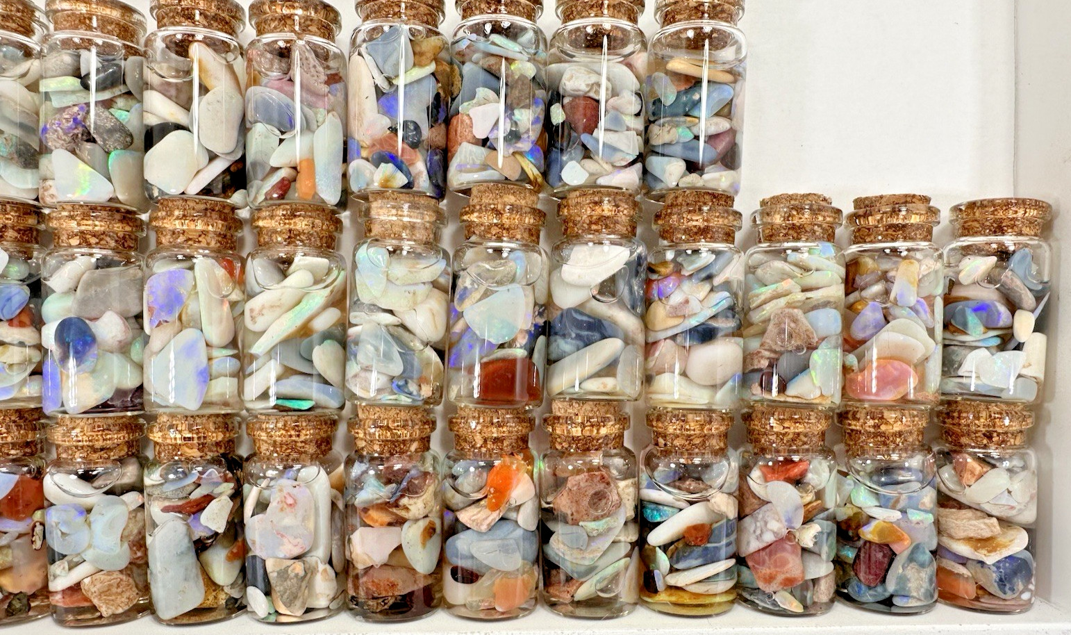 40 ct Premium Australian Coober Pedy Rough/Rubs Opals in Glass Bottles