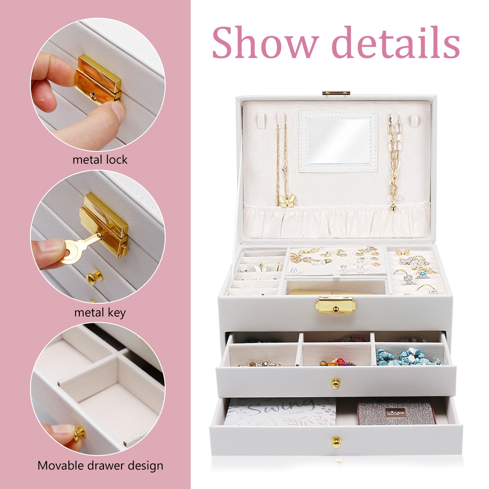 White 3-Layer Jewelry Box Portable Travel Storage Case with Mirror & Lock Key