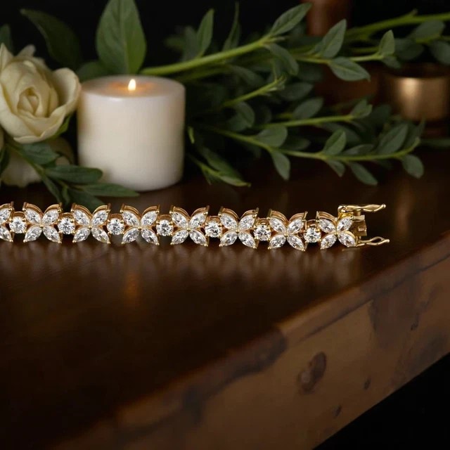 9Ct Marquise Cut Moissanite Diamond Tennis Bracelet 14K Yellow Gold Plated 7.5″