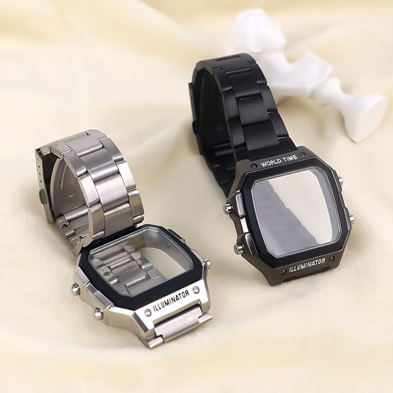 Metal Watch Strap + Modified Stainless Steel Case Cover For Casio AE1200