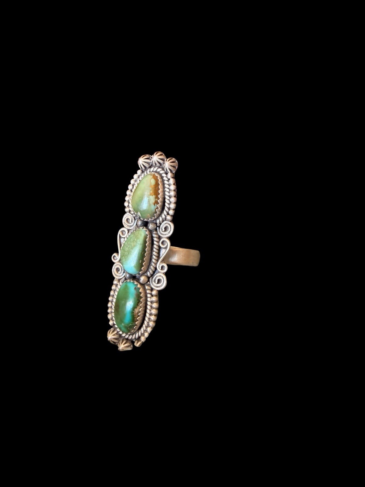 Beautiful Southwest Sterling Silver Triple Green Turquoise Ring See Description
