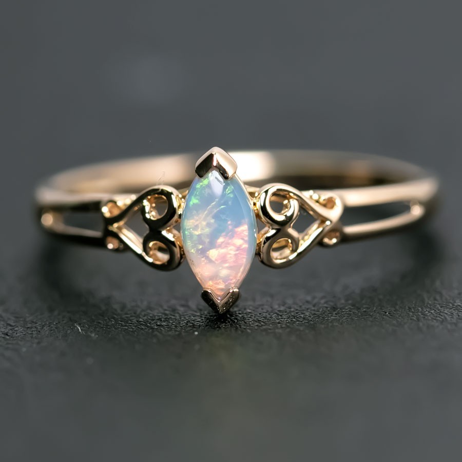 Vintage Inspired Australian Solid Opal Engagement Wedding Ring 14K Yellow Gold